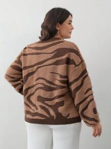 Aveloria Plus Size Minimalist Classic French Leopard Print Color Block V-Neck Button Up Cardigan Sweater For Women, Winter