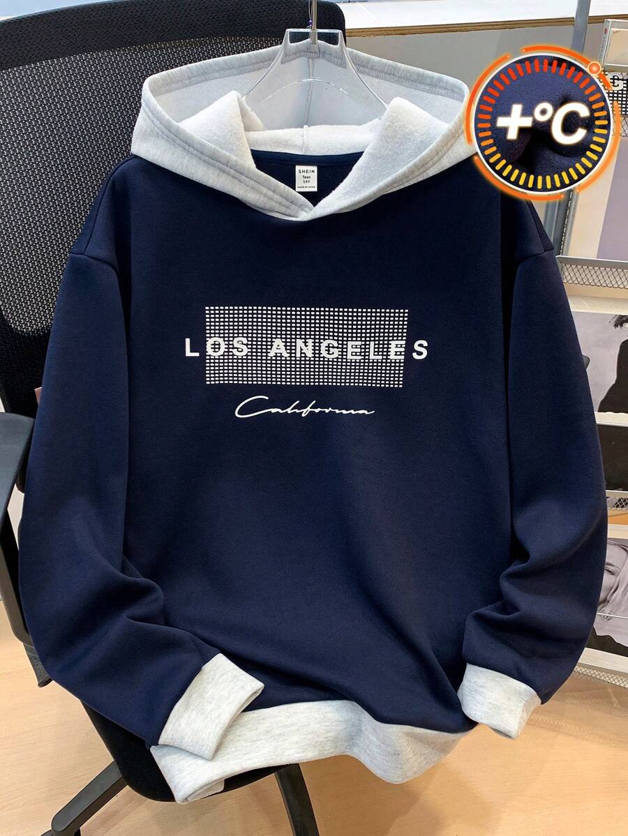 SHEIN 青少年男孩休闲拼布撞色连帽衫，灰色和海军蓝，英文印花，保暖衬里，百搭日常穿着，秋冬 - 藍色 - 查看 1