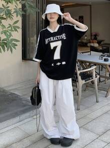 DAZY 女士休闲撞色条纹字母数字印花 V 领短袖 T 恤超大 T 恤