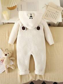 1 件婴儿（男孩）针织连体衣，带有可爱的熊图案，面料柔软温暖，适合休闲穿着，秋冬季