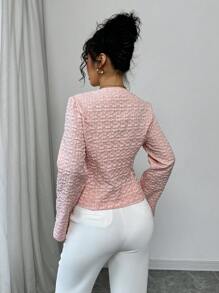 Elenzga 1 件女士优雅压花提花单排扣短款西装外套，带仿口袋 - 粉色 - 查看 2