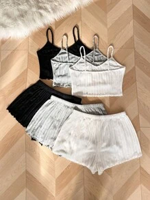 6 件大码女式罗纹针织吊带背心和短裤睡衣套装 - 彩色 - 查看 2