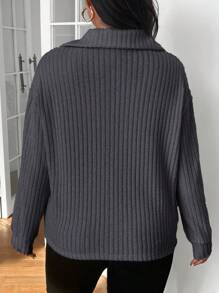 SHEIN Frenchy 休闲领拉链羊毛大码 T 恤，杏色 - 深灰色 - 查看 2