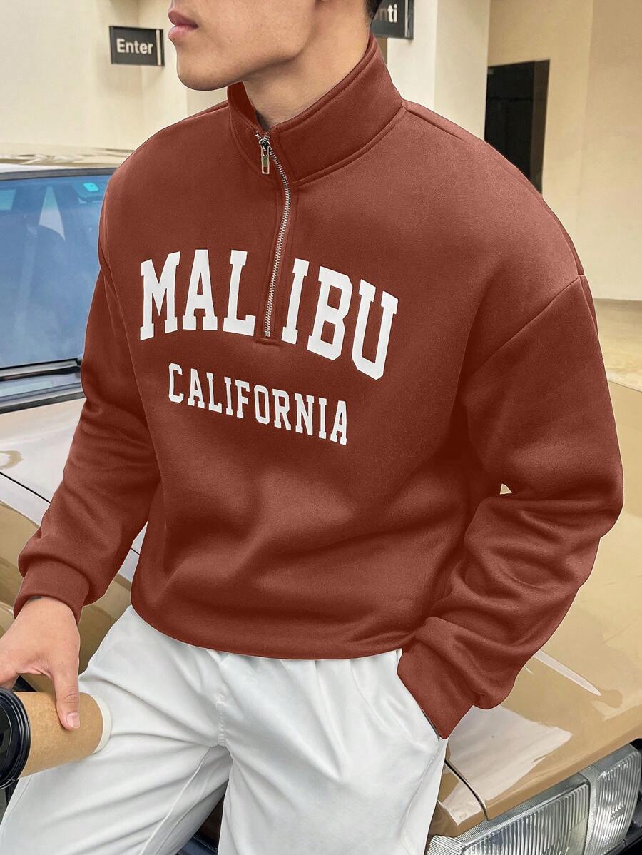 Aesthetic Post--Loose Fit Men's Letter Graphic Half Zip Drop Shoulder Sweatshirt - Brown - View 1