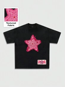 ROMWE MEN Street Life Spring Casual Graphic Men'S Five-Pointed Star Embroidered Short Sleeve T-Shirt, Suitable For Everyday Wear In Spring/Summer - Black - View 2