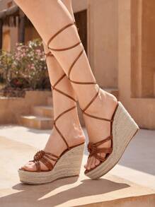 Styleloop Women's Round Toe Jute Rope Braided Platform Wedge Sandals With Waterproof Thick Bottom, Criss-Cross Ankle Strap Roman Style Spring Shoes Spring Break Easter - Brown - View 6