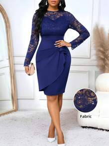 SHEIN Lady Robe à manches longues bleu marine quatre saisons en tissu de dentelle, robe courte ajustée à volants pour femmes - Bleu marine - Voir 1