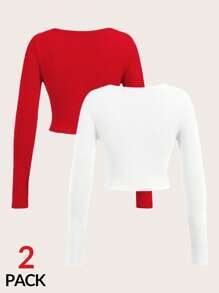 SHEIN SXY 2pcs/Set Sexy Wide Collar Long Sleeve Bodycon T-Shirt - Red - View 9