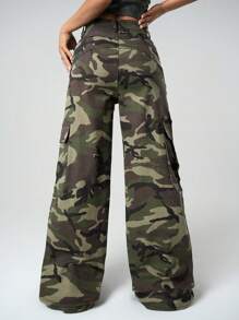 SHEIN ICON Women's Front Button Pocket Simple Casual Y2k Holiday New Years Baggy Camo Cargo Denim Low Waist Camouflage Jeans