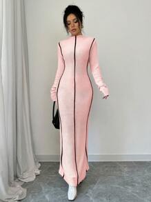SHEIN ChicEase Đầm dệt kim dài cổ lọ kẻ sọc cho nữ, thường ngày cho mùa thu đông - Nhiều màu - Xem 5