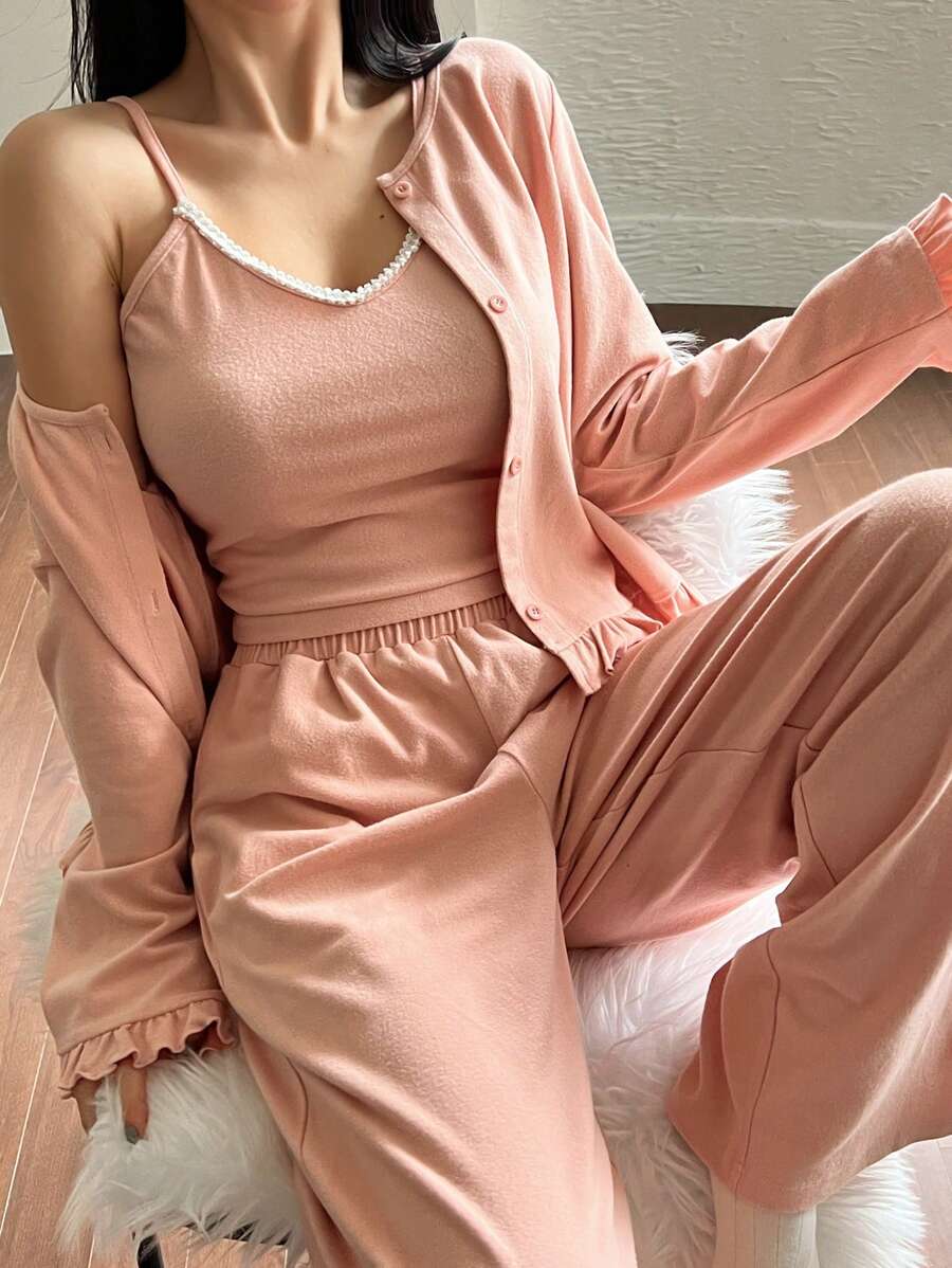 DAZY 3pcs Sleepwear Set: Ruffle Trim Cardigan, Camisole And Pajama Pants - Pink - View 1