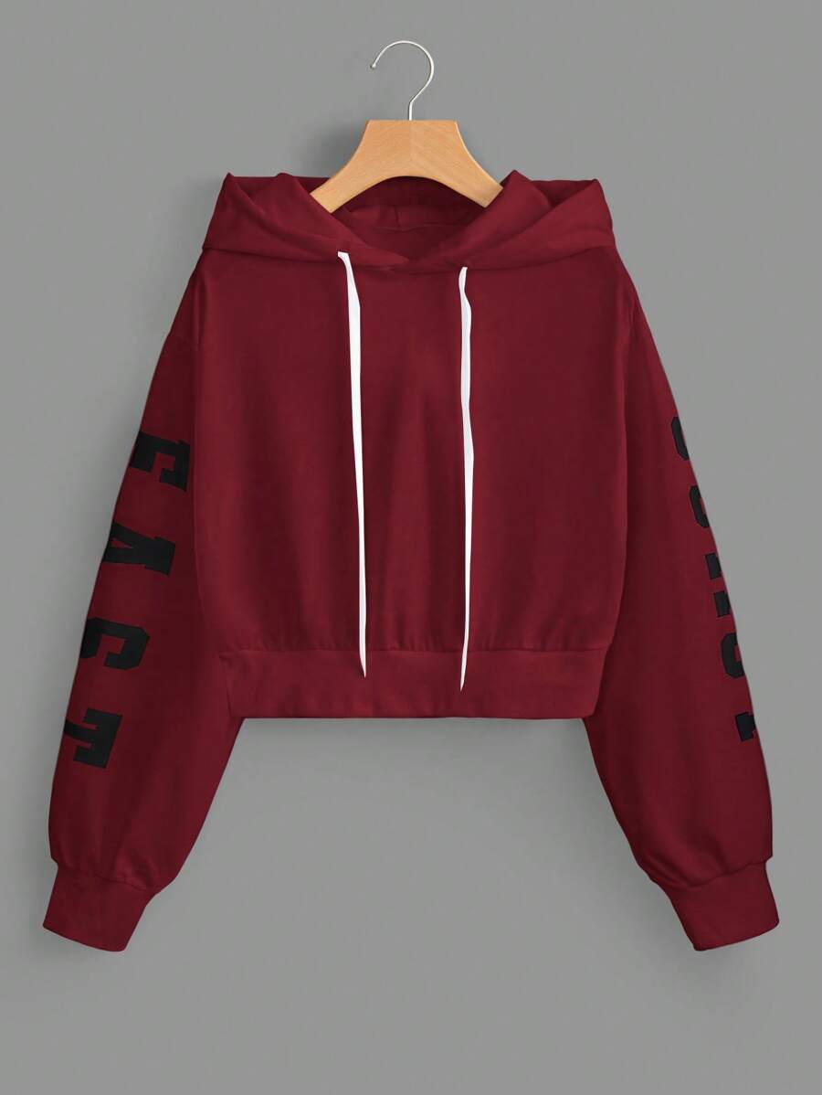 SHEIN EZwear Women's Pink East Coast Graphic Cropped Drawstring Hoodie