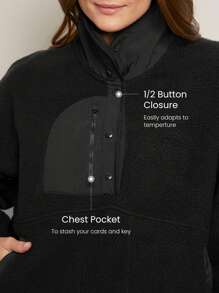 GLOWMODE Cozy Medium Polar Fleece Soft Warm Loose Adjustable Drawstring Hem Two-Tone Jacket Sweatshirt With Side Pockets Daily Casual Fall Winter - Black - View 5