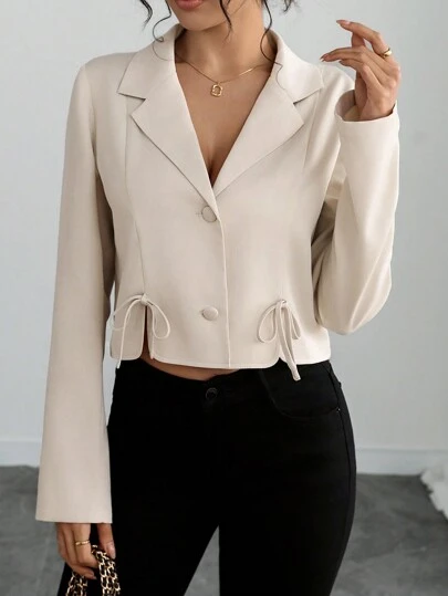 Chiquease 女士优雅法式蝴蝶结装饰领长袖短款上衣，适合通勤、休闲、度假、情人节、春秋冬