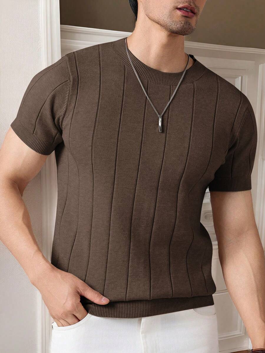 Manfinity Homme Áo len dệt kim cổ tròn tay ngắn thường ngày cho nam, mùa thu/đông - Cà phê nâu - Xem 1