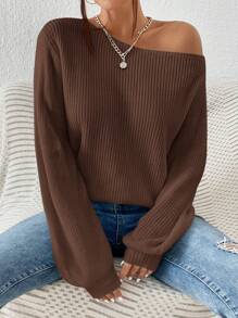 SHEIN VCAY Plus Size Winter Slant Shoulder Design Sexy And Simple Sweater Pullover, Suitable For Workwear, Going Out, And Home - Brown - View 1
