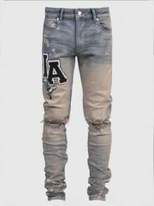 ROMWE MEN Street Life Men's Embroidered Skinny Jeans, Street Style - Medium Wash - View 1