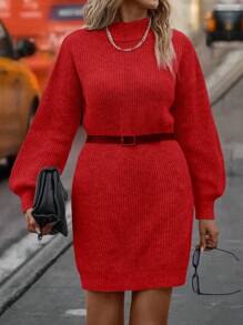 SHEIN Unity 女士纯色立领长袖休闲短款针织连衣裙新年衣服 - 紅色 - 查看 6