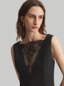 Ontre Nieuwjaar Zwarte Kant V-hals Patchwork High-End Avondfeest Grote A-lijn Lange Mouwloze Jurk