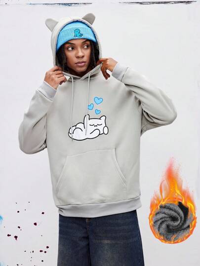 Coolman Sudadera pullover casual con estampado de dibujos animados para hombres artistas, cálida y gruesa con forro térmico, para vacaciones, vacaciones, primavera, festivales, ejercicio, Ibiza