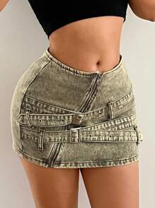 SHEIN ICON Women's Low Waist Denim Mini Skirt With Decorative Buckle