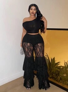Slaydiva Elegant Sexy Romantic Black Plus Size Lace & Mesh Ruffle Hem Slim Fit Long Pants - Black - View 5