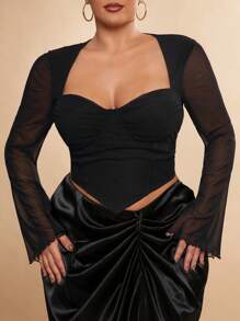 SHEIN BAE Plus Size Women V-Neck Sheer Mesh Long Sleeve Top, Sexy Curve-Hugging Formal Party Blouse, Black