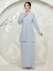 Veilorie Baju Kebaya 2pcs Set: Stand Collar Long Sleeve Long Shirt & Long Skirt Modest