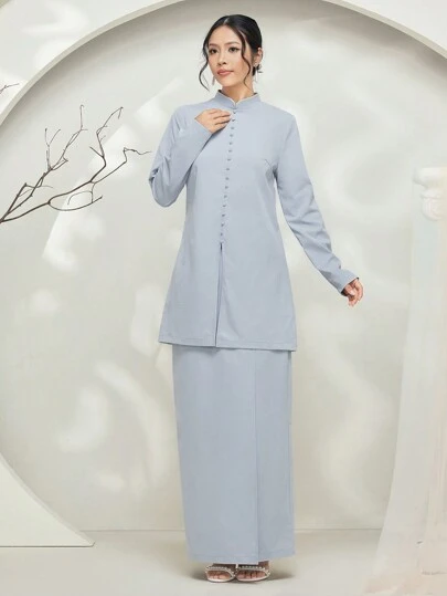 Veilorie Baju Kebaya 2st Set: Ståkrage Långärmad långskjorta & lång kjol Modest