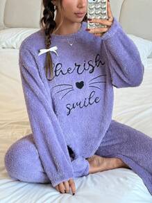 SHEIN 2 件套青少年女孩卡通刺绣图案圆领长袖运动衫和柔软羊毛睡裤，舒适家居服套装，适合秋冬季 - 紫色 - 查看 1