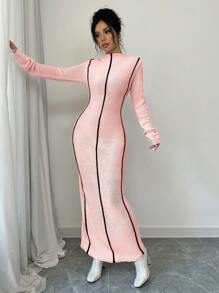 SHEIN ChicEase Đầm dệt kim dài cổ lọ kẻ sọc cho nữ, thường ngày cho mùa thu đông - Nhiều màu - Xem 3