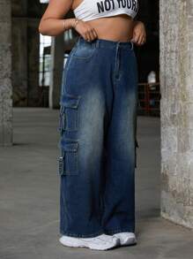 SHEIN ICON Jeans casuales de pierna ancha con múltiples bolsillos para mujeres de talla grande
