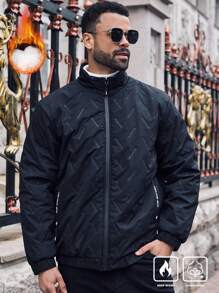 Manfinity Homme Große Größen Jacke mit Reißverschluss und Bändchenkragen für Herren, schwarze Winterjacke mit langen Ärmeln für Ausgehen, warm und lässig, Geschenkidee für Freunde, Ehemann, Freund - Schwarz - Übersicht 1