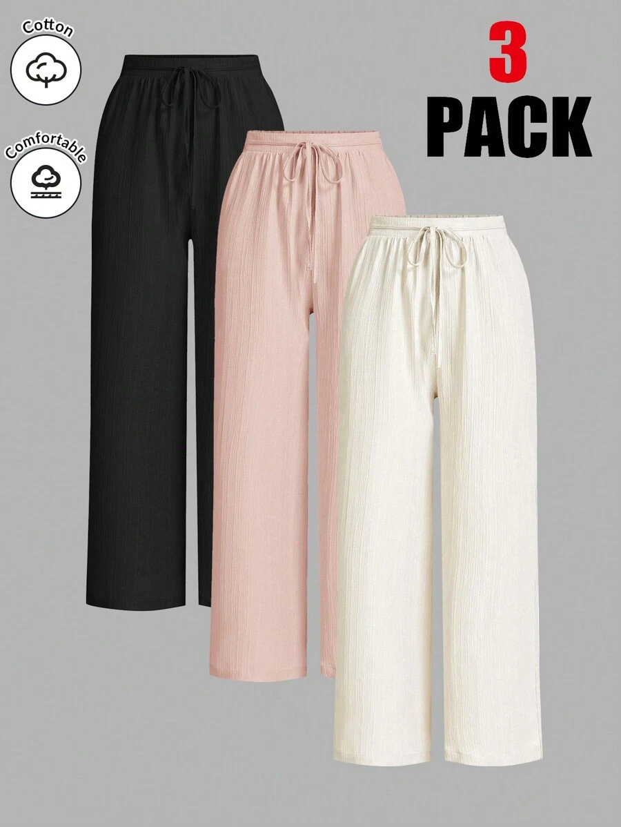 SHEIN Essnce 3条装夏季裤子女士纯色腰系带阔腿宽松休闲裤 - 粉色 - 查看 1