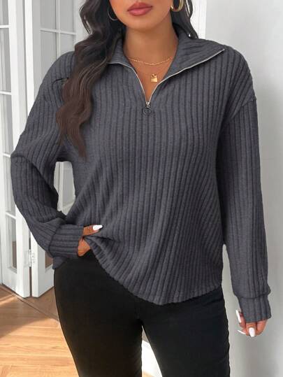 SHEIN Frenchy Casual Collar Zipper Fleece Plus Size T-Shirt, Apricot Color