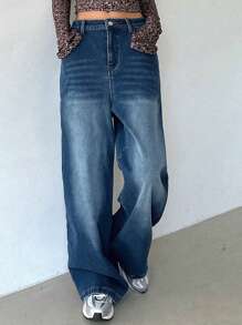 DAZY 女式破洞阔腿牛仔裤 - 藍色 - 查看 5