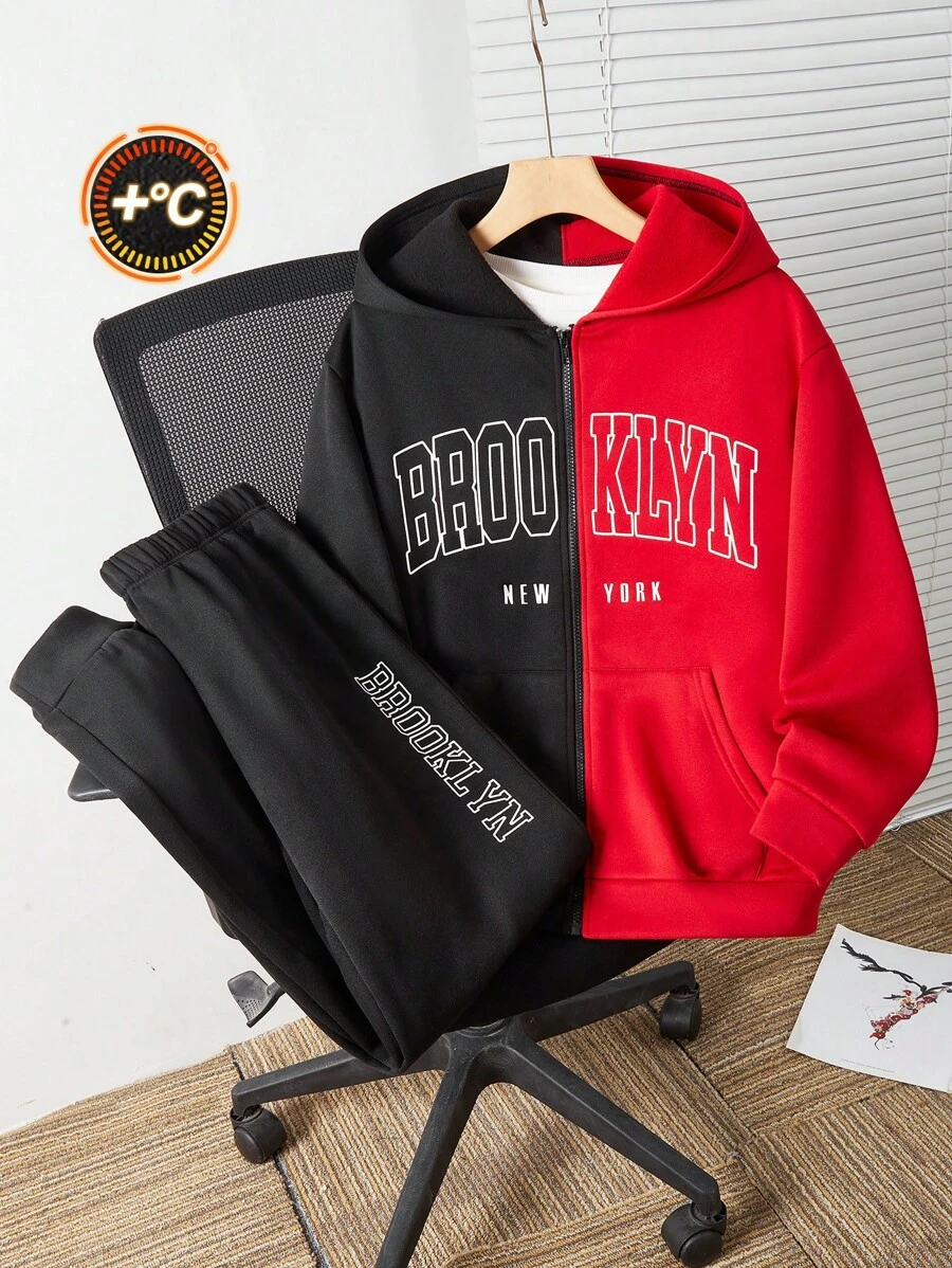 SHEIN Bộ 2 chiếc/bộ áo khoác nỉ trùm đầu in họa tiết tiếng Anh màu đen và đỏ cho bé trai tuổi teen và quần dây rút, lót giữ nhiệt ấm áp cho mùa thu/đông, đa năng để mặc hàng ngày, đi học, thể thao, thường ngày khi đi dạo phố - Nhiều màu - Xem 1