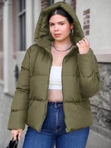 SHEIN Cottnline Plus Size Solid Long Sleeves Zip Up Hooded Padded Coat - Army Green - View 3