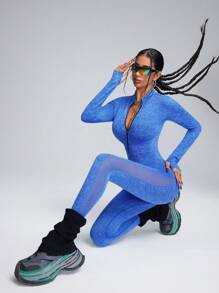 Innovista Bộ đồ liền thân vải lưới ghép khóa kéo ôm sát dành cho nữ - Màu xanh lam - Xem 8