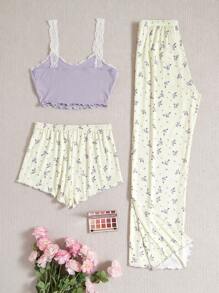 CottageSlumber Women's Contrast Lace Cami Top Ditsy Floral Shorts And Long Pants Pajama Set