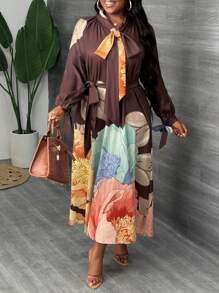 Slaydiva Plus Size Women Solid Color Patchwork Front Tie Long Sleeve Casual Dress, Elegant