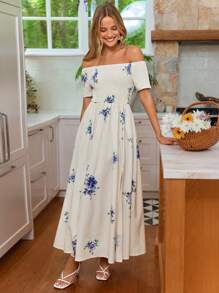 SHEIN VCAY 女士露肩高开叉 A 字形印花浪漫夏季度假连衣裙 - 彩色 - 查看 7