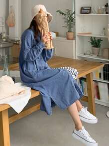 DAZY 纯色双口袋开衩下摆牛仔连衣裙，秋装