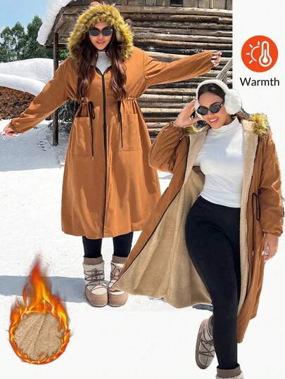 SHEIN EZwear Plus Size Women Vintage Hooded Cinched Waist Thermal Lined Long Parka With Furry Trim, Winter Clothes Fall Autumn