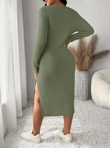 SHEIN Frenchy Plus Size Solid Color Round Neck Long Sleeve Split Simple Casual Dress - Army Green - View 2