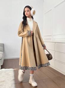 Tween Girl Classic Khaki Color-Block Leopard Cuff & Hem Relaxed Long Fashionable Trench Coat For Autumn/Winter - Khaki - View 4