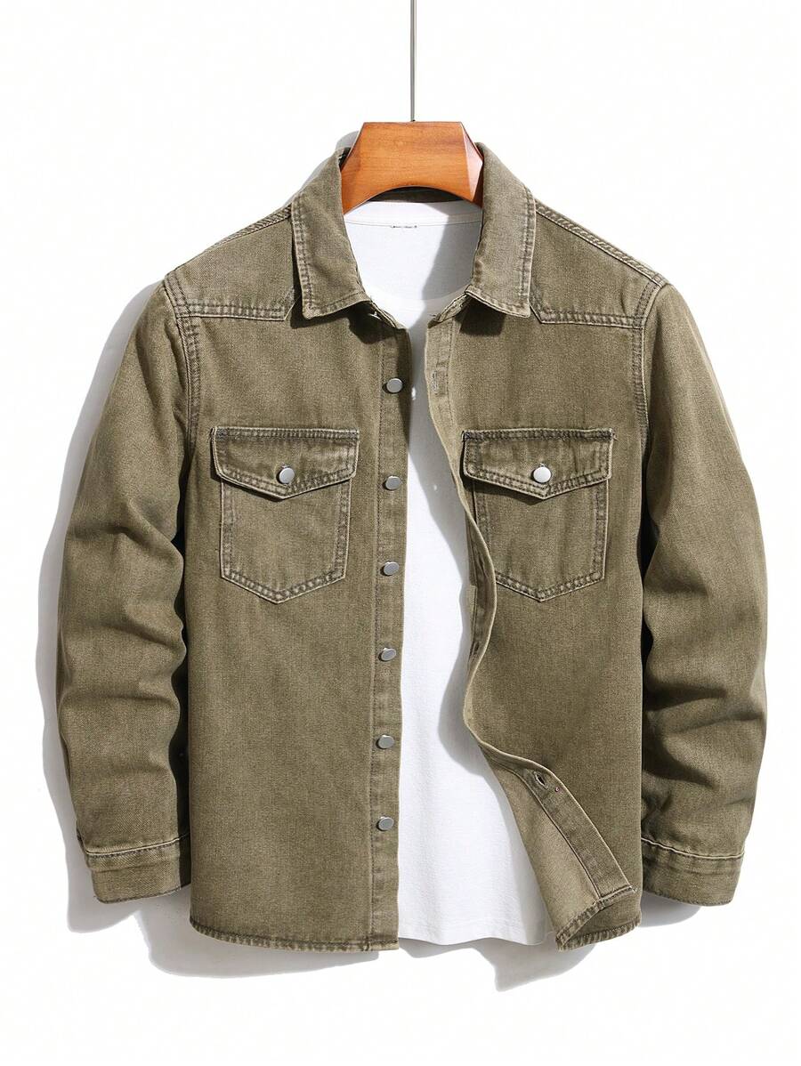 Manfinity EMRG Plus Size Men's Front Button Closure Long Sleeve Pocket Casual Denim Jacket