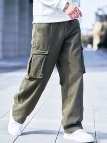 Manfinity Homme 男士简约口袋设计宽松牛仔裤，休闲日常穿着 - 軍綠色 - 查看 4