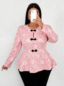 SHEIN Clasi Chemise décontractée à manches longues avec boutons devant et Top à peplum grande taille - Rose bonbon - Voir 4