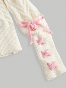 ROMWE Kawaii 女士可爱甜美系带袖口装饰露肩灯笼袖短款开衫 - 米色 - 查看 4